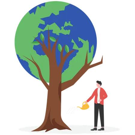 Empresário regando planta para proteger a Terra  Ilustração