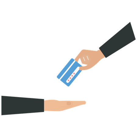 El hombre de negocios le da una tarjeta de crédito a un cliente.  Ilustración