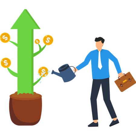 Empresario regando un árbol de dinero con una inversión de flecha ascendente  Ilustración