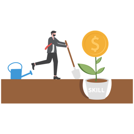 Empresario regando un árbol de dinero con trabajo de crecimiento del desempeño de habilidades  Ilustración
