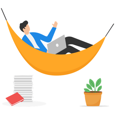 Empresário relaxa trabalhando remotamente com laptop em copo de coquetel à noite  Illustration