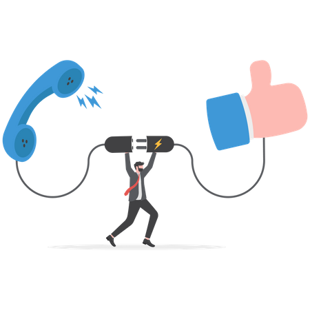 El agente representante de ventas del hombre de negocios habla en una llamada telefónica conectada con comentarios con el pulgar hacia arriba  Ilustración