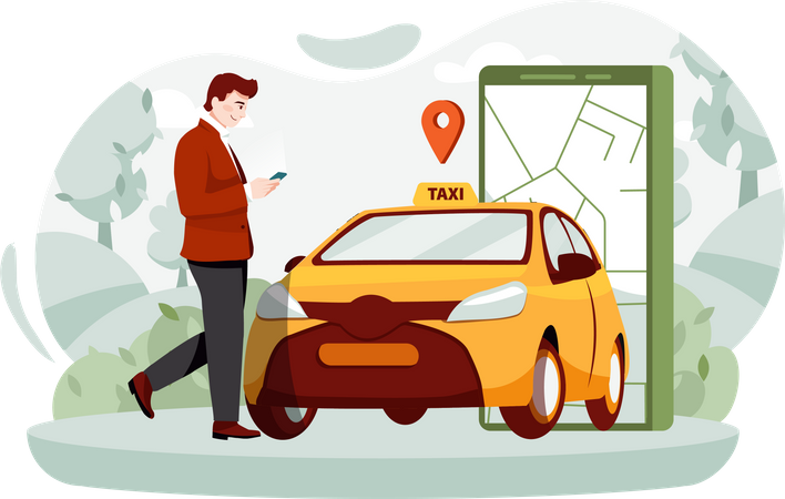 Empresario reservando taxi desde la aplicación de servicio de taxi  Ilustración