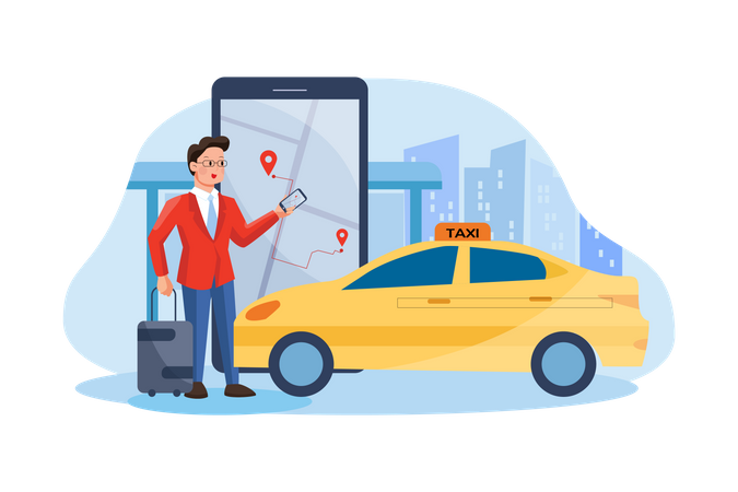 Empresario reservando un taxi mediante una aplicación en línea  Ilustración