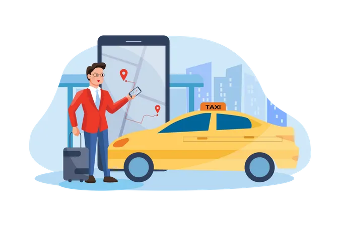 Empresario reservando un taxi mediante una aplicación en línea  Ilustración