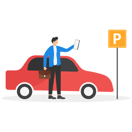 Empresário reserva vaga de estacionamento para carro na calçada  Ilustração