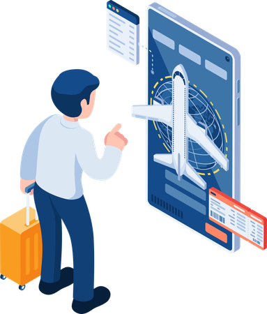 Empresário reserva voo on-line com smartphone  Ilustração