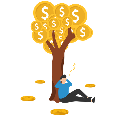 Rico hombre de negocios durmiendo bajo el árbol del dólar  Ilustración