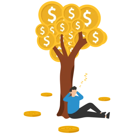 Rico hombre de negocios durmiendo bajo el árbol del dólar  Ilustración