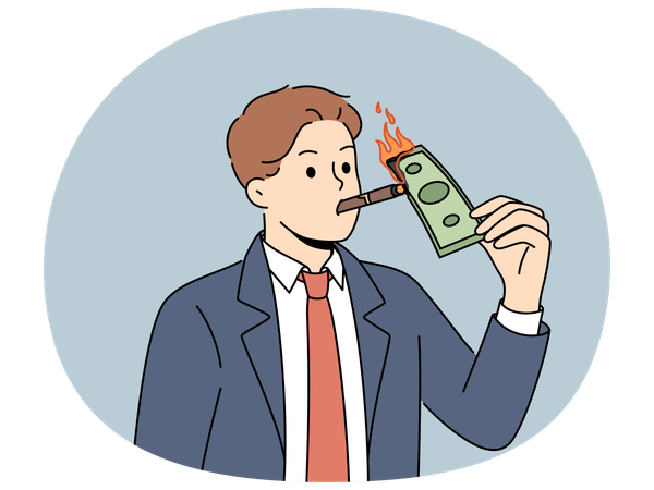 Un hombre de negocios rico quema un billete de dólar con un cigarro  Ilustración