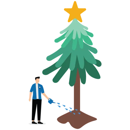 Empresario regando árbol estrella brillante para crecer  Ilustración