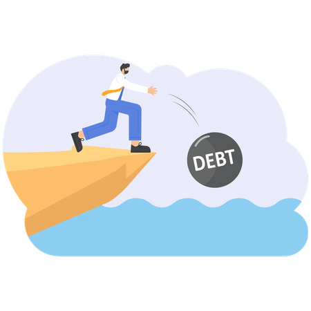 Empresário rolando dívidas de um penhasco  Ilustração