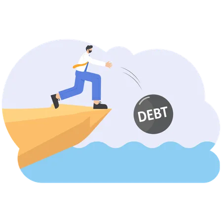Empresario rodando la carga de la deuda por un precipicio  Ilustración