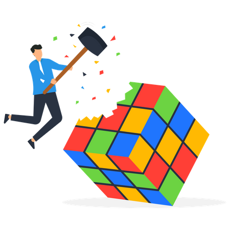 Empresario rompiendo cubo de Rubik  Ilustración