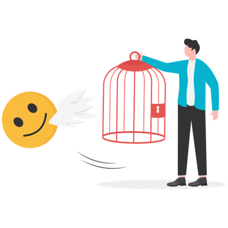 Hombre de negocios sacando un pastel de un emoticono  Ilustración