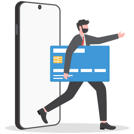 Empresário sai do celular segurando o cartão de crédito do banco  Ilustração