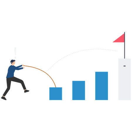 Empresário saltando com vara no topo de uma pedra alta com bandeira vermelha para atingir a meta  Ilustração