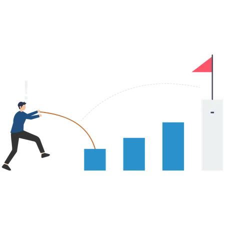Empresário saltando com vara no topo de uma pedra alta com bandeira vermelha para atingir a meta  Ilustração