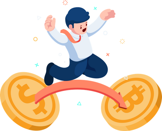 Empresario saltando de moneda de dólar a Bitcoin  Ilustración