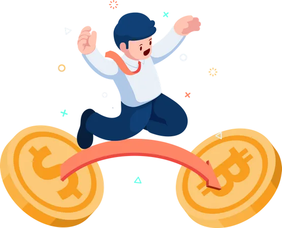 Empresario saltando de moneda de dólar a Bitcoin  Ilustración