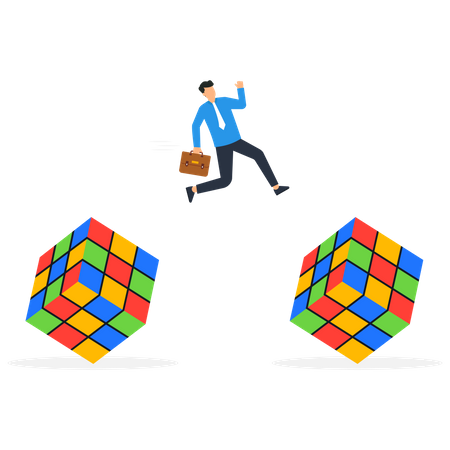 Empresario saltando de un cubo de Rubik a otro cubo de Rubik  Ilustración