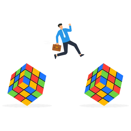 Empresario saltando de un cubo de Rubik a otro cubo de Rubik  Ilustración