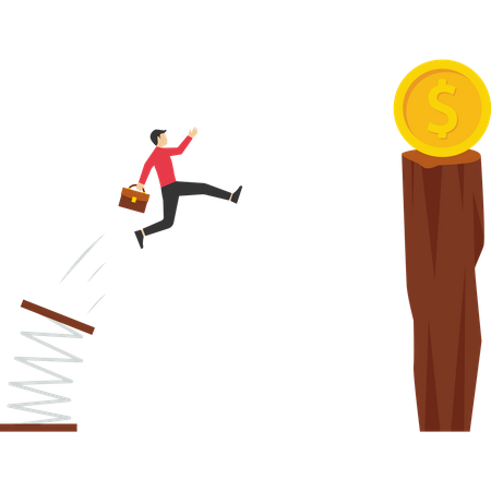 Empresario saltando desde un trampolín a una moneda de un dólar  Ilustración