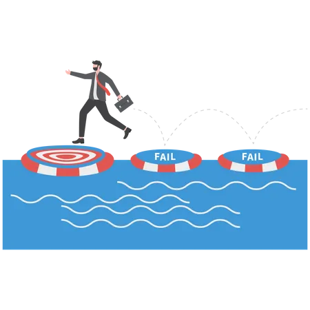 Empresario saltando sobre muchas veces de fallas flotando en el agua  Ilustración