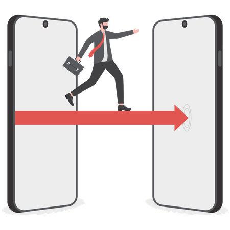 Empresario saltando para cambiar el teléfono  Ilustración