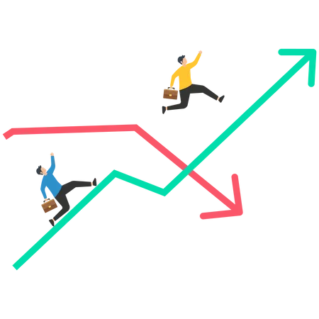 Pessoa de negócios pulando passando o gráfico de seta  Ilustração