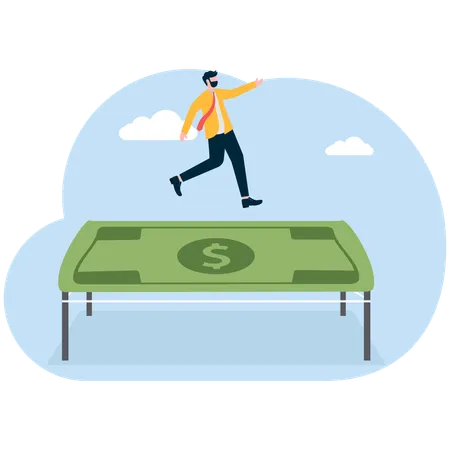 Hombre de negocios saltando en trampolín de dinero  Ilustración