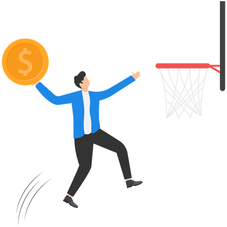 Hombre de negocios saltando sosteniendo moneda de dinero para golpear el aro de baloncesto  Ilustración