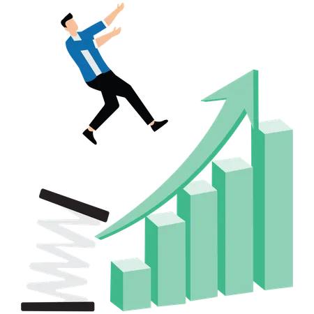 El hombre de negocios da un salto hacia adelante y supera el gráfico de crecimiento ascendente  Ilustración