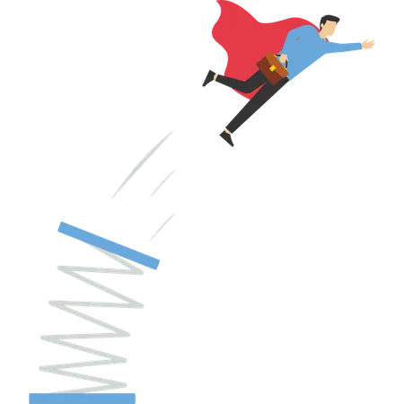 Salto em altura do empresário com trampolim.  Ilustração