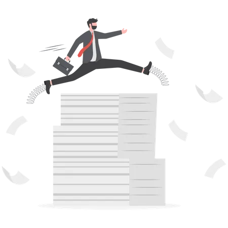 Empresário salta com vara sobre papel de documento ocupado  Ilustração