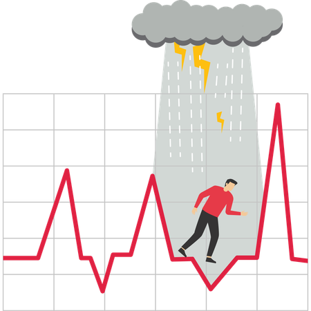 Empresário se molhando na chuva enquanto estava no gráfico de ações sem guarda-chuva  Ilustração