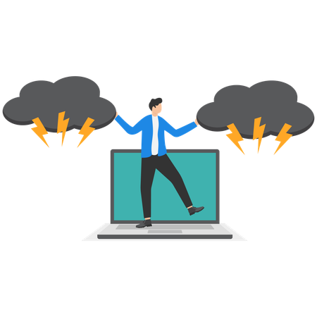 El hombre de negocios se encuentra sobre una pila de computadoras portátiles y dispersa nubes oscuras con sus manos  Ilustración