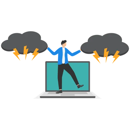 El hombre de negocios se encuentra sobre una pila de computadoras portátiles y dispersa nubes oscuras con sus manos  Ilustración