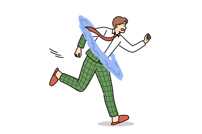 Un hombre de negocios se teletransporta y se cambia de ropa mientras intenta llegar al trabajo y cumplir con la fecha límite.  Ilustración