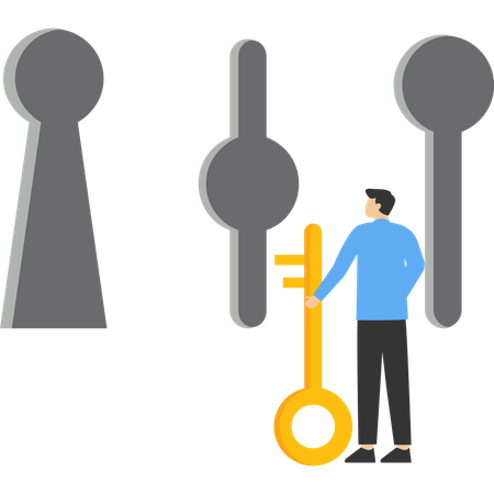 Empresário segurando a chave na mão e decidindo escolher o buraco da fechadura  Ilustração