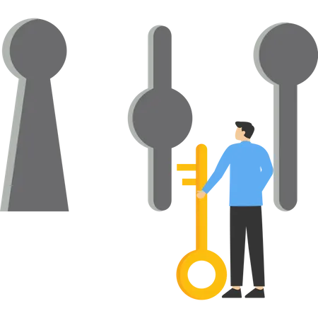 Empresário segurando a chave na mão e decidindo escolher o buraco da fechadura  Ilustração