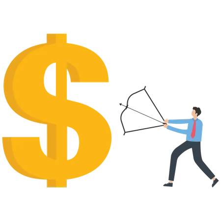 Empresário segurando arco e flecha pronto para dólar de tiro com arco  Ilustração