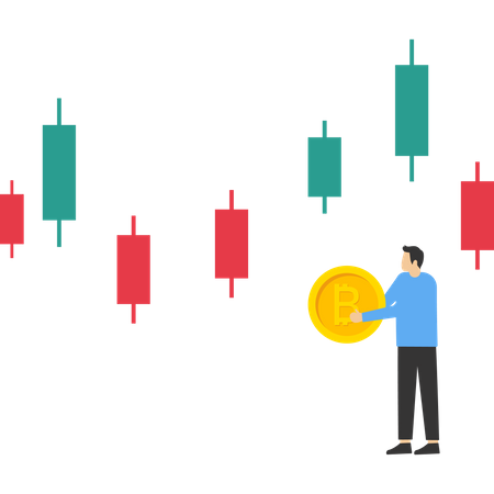 Empresário segurando bitcoin na frente do gráfico ascendente  Ilustração
