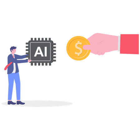 Empresário segurando chip de IA enquanto recebe dinheiro  Ilustração