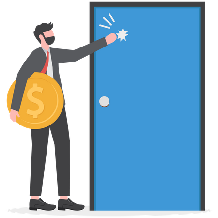 Empresário segurando notas de dinheiro batendo na porta  Ilustração