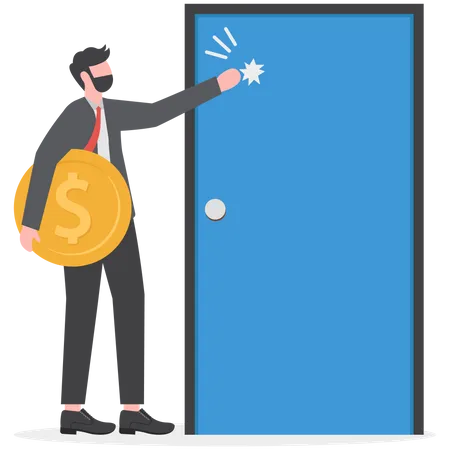 Empresário segurando notas de dinheiro batendo na porta  Ilustração