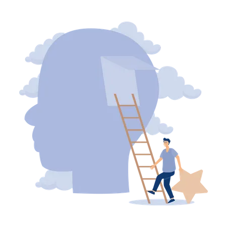 Empresário segurando estrela sobe escada para colocar no cérebro do consumidor  Ilustração