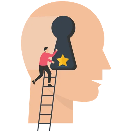 Empresário segurando estrela sobe escada para colocar no cérebro do consumidor  Ilustração