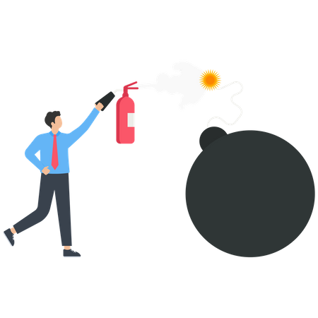 Empresário segurando extintor de incêndio tentando extinguir bomba acesa  Ilustração