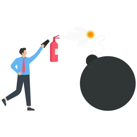 Empresário segurando extintor de incêndio tentando extinguir bomba acesa  Ilustração